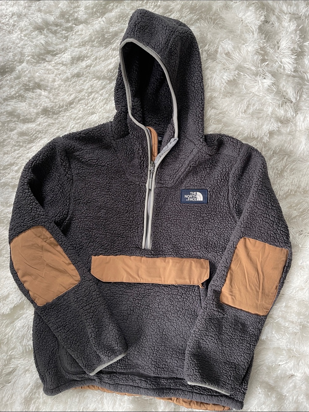 The North Face Men’s Charcoal Sherpa Half-Zip Hoodie with Tan Accents